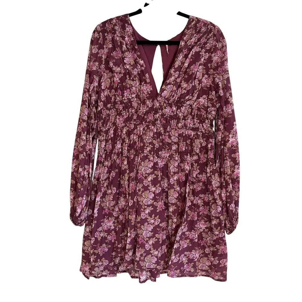 Free People Mini Dress Keep You Floral Long Sleeve Deep V-Neck Berry Combo Sz L